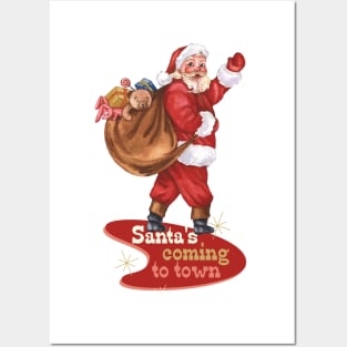 Retro Christmas Santa is Coming to Town Posters and Art